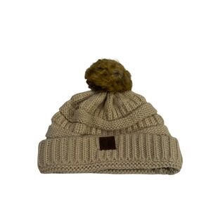 CC Beanie Womens Cable Knit‎ Pom Pom Hat Tan Beige Faux Fur Winter Cap
